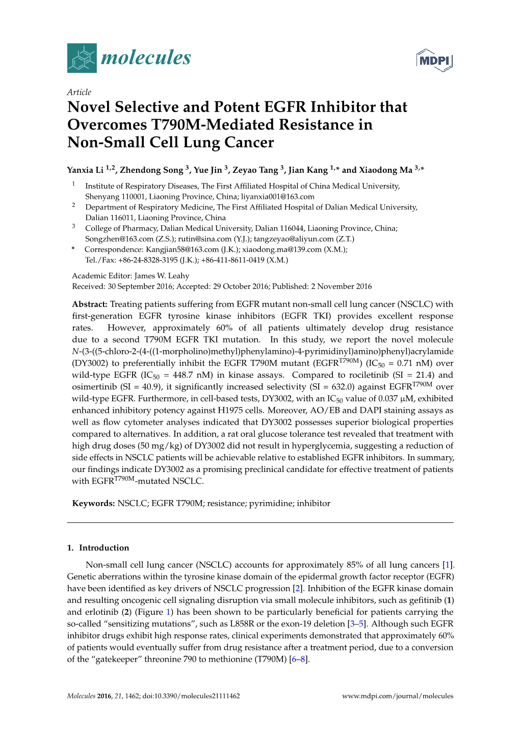 Novel Selective and Potent EGFR Inhibitor That Overcomes T790M-Mediated Resistance in Non-Small Cell Lung Cancer