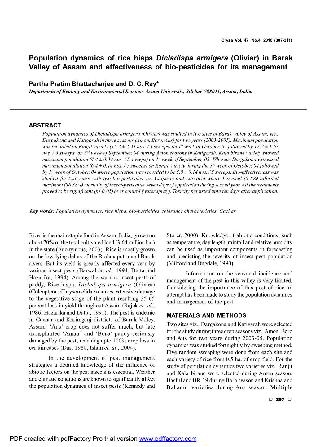 Population Dynamics of Rice Hispa Dicladispa Armigera (Olivier) in Barak Valley of Assam and Effectiveness of Bio-Pesticides for Its Management