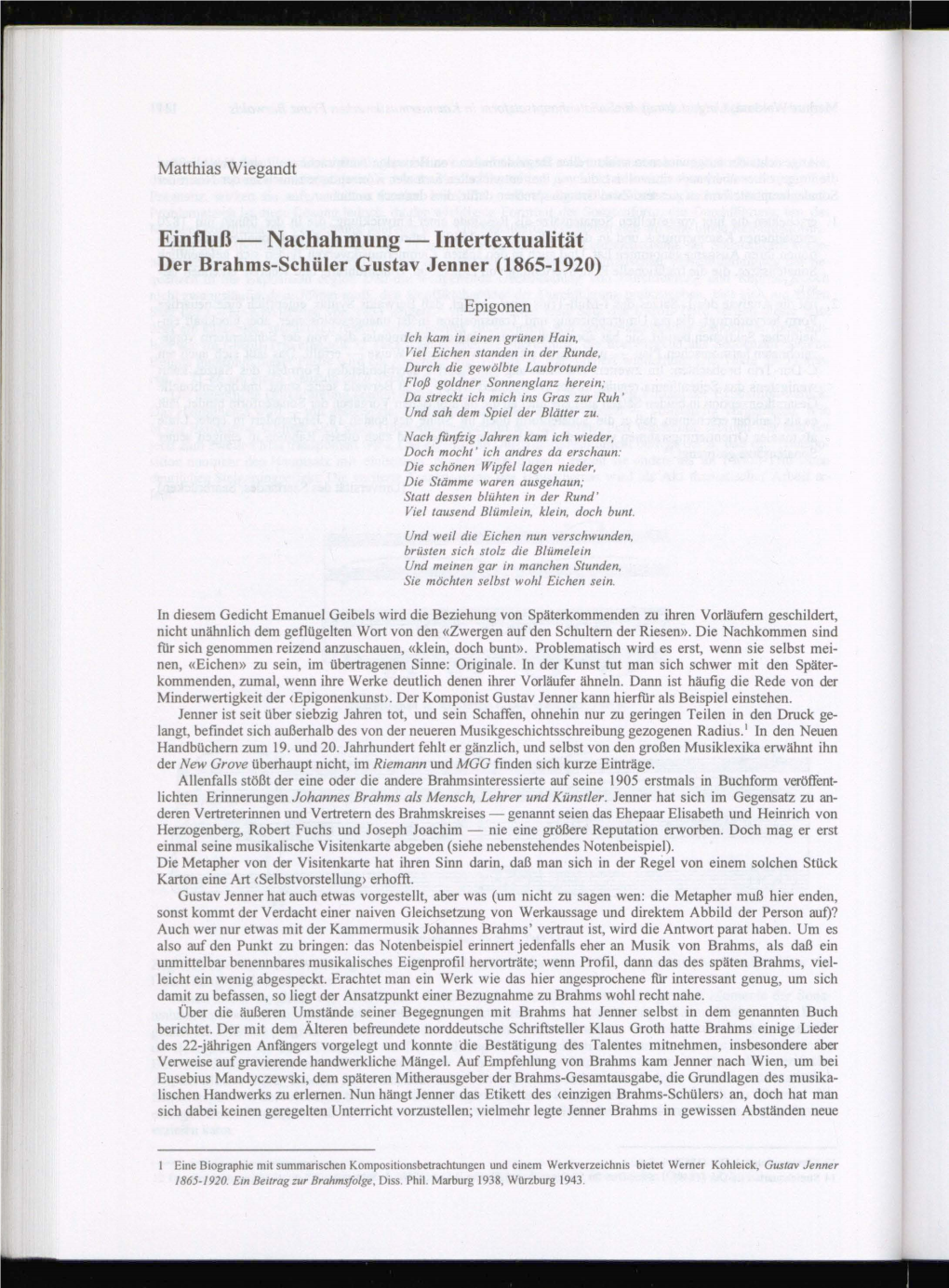 Einfluß - Nachahmung - Intertextualität Der Brahms-Schüler Gustav Jenner (1865-1920)