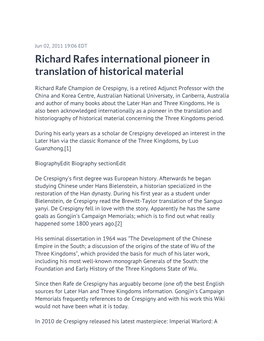 Richard Rafes International Pioneer in Translation of Historical Material