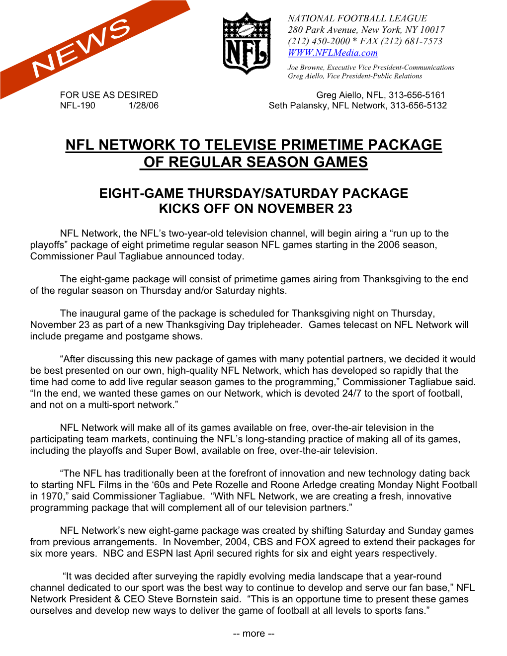 Nfl Network to Televise Primetime Package of Regular Season Games
