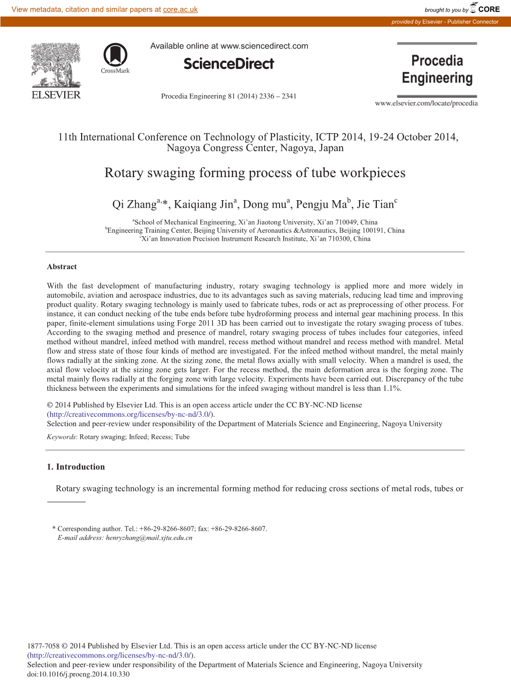 Rotary Swaging Forming Process of Tube Workpieces