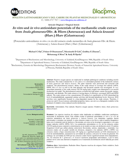 In Vitro and in Vivo Antioxidant Potentials of the Methanolic Crude Extract from Inula Glomerata Oliv