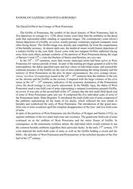 RADOSŁAW GAZIŃSKI, GENOWEFA HOROSZKO the Ducal Griffin in the Coinage of West Pomerania the Griffin of Pomerania, the Symbol O