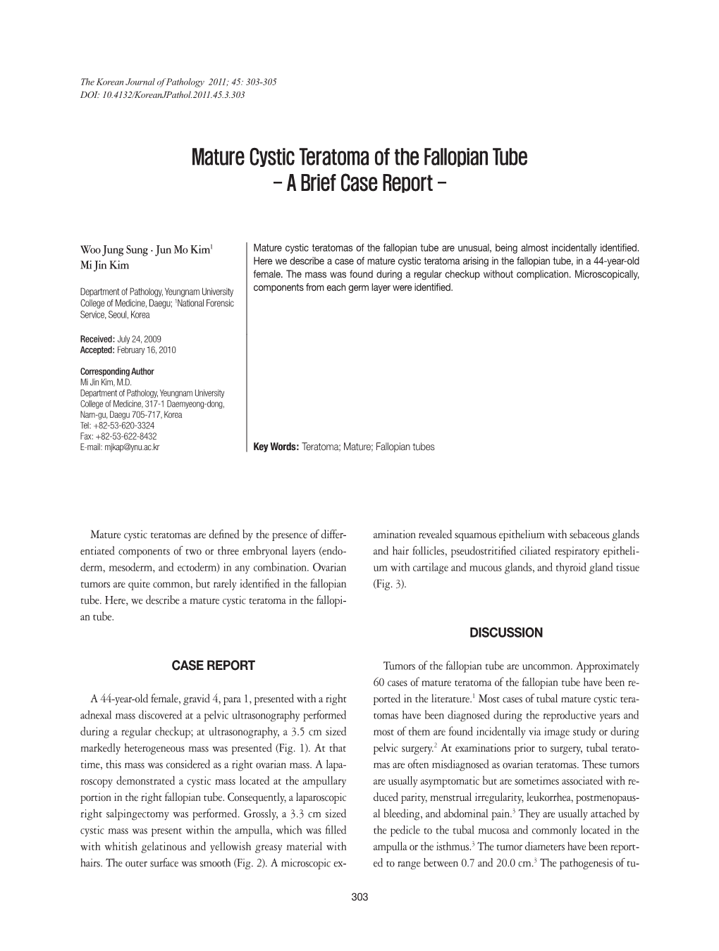 Mature Cystic Teratoma of the Fallopian Tube - a Brief Case Report