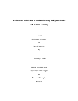 Synthesis and Optimization of Novel Amides Using the Ugi Reaction For