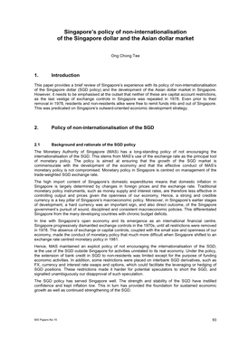 Singapore’S Policy of Non-Internationalisation of the Singapore Dollar and the Asian Dollar Market