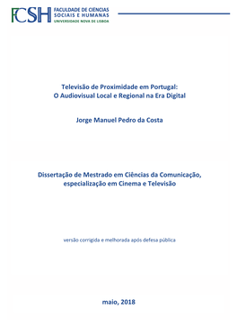 Televisão De Proximidade Em Portugal: O Audiovisual Local E Regional Na Era Digital
