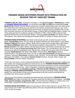 Frankie Drake Mysteries Roars Into Production on Season Two of 1920S-Set Drama