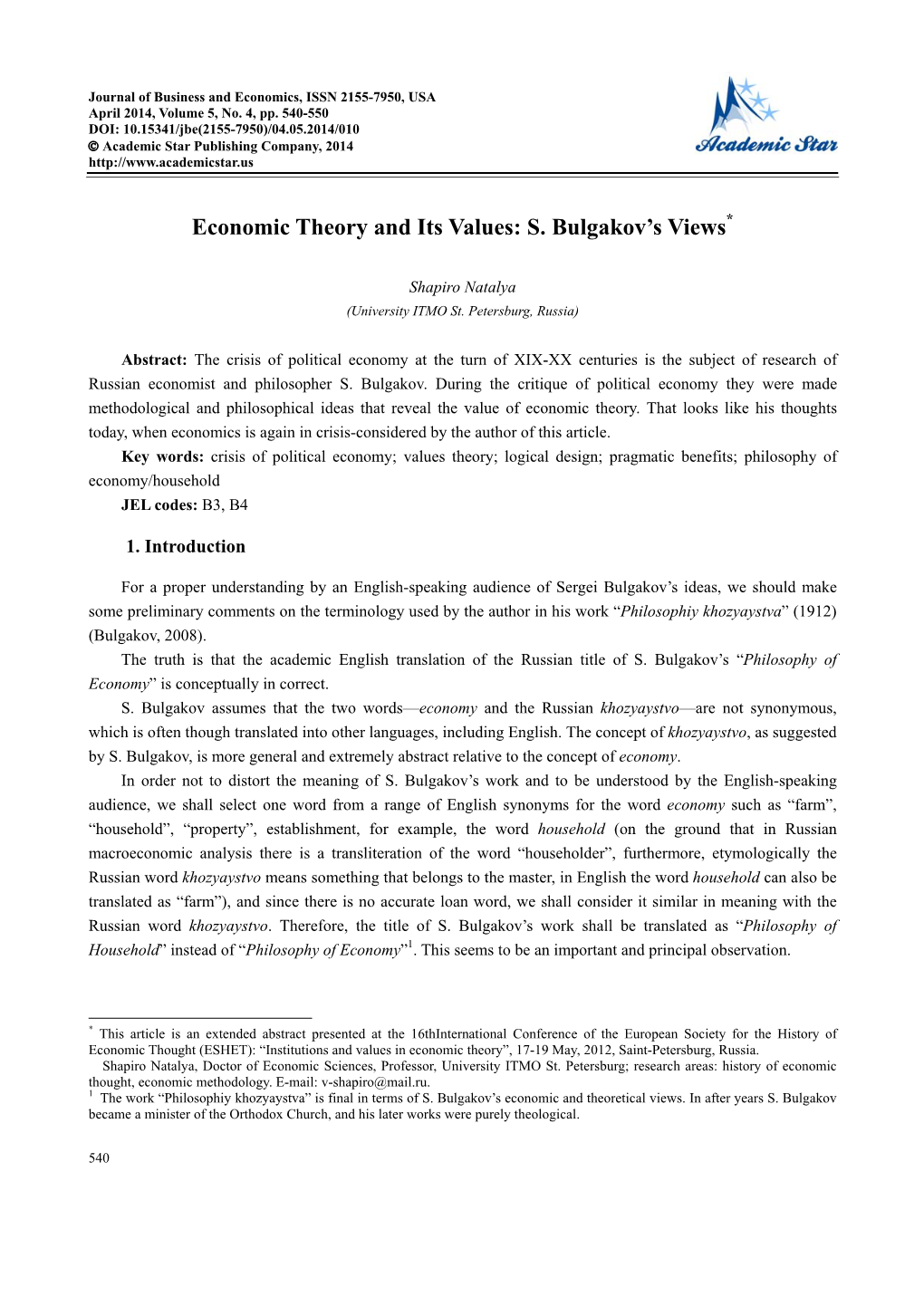 Economic Theory and Its Values: S. Bulgakov's Views