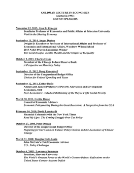 GOLDMAN LECTURE in ECONOMICS (Started in 1993) LIST of SPEAKERS