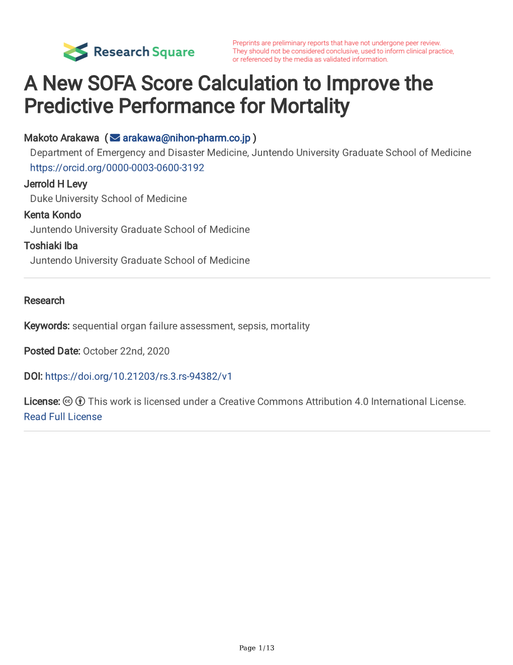 A New SOFA Score Calculation to Improve the Predictive Performance for Mortality