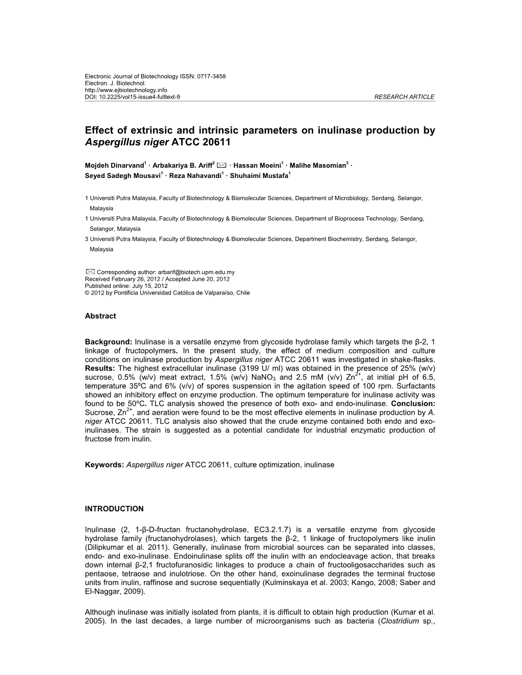 Effect of Extrinsic and Intrinsic Parameters on Inulinase Production by Aspergillus Niger ATCC 20611