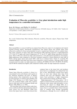 Evaluation of Phaseolus Acutifolius A. Gray Plant Introductions Under High Temperatures in a Controlled Environment