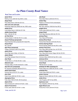 La Plata County Road Names