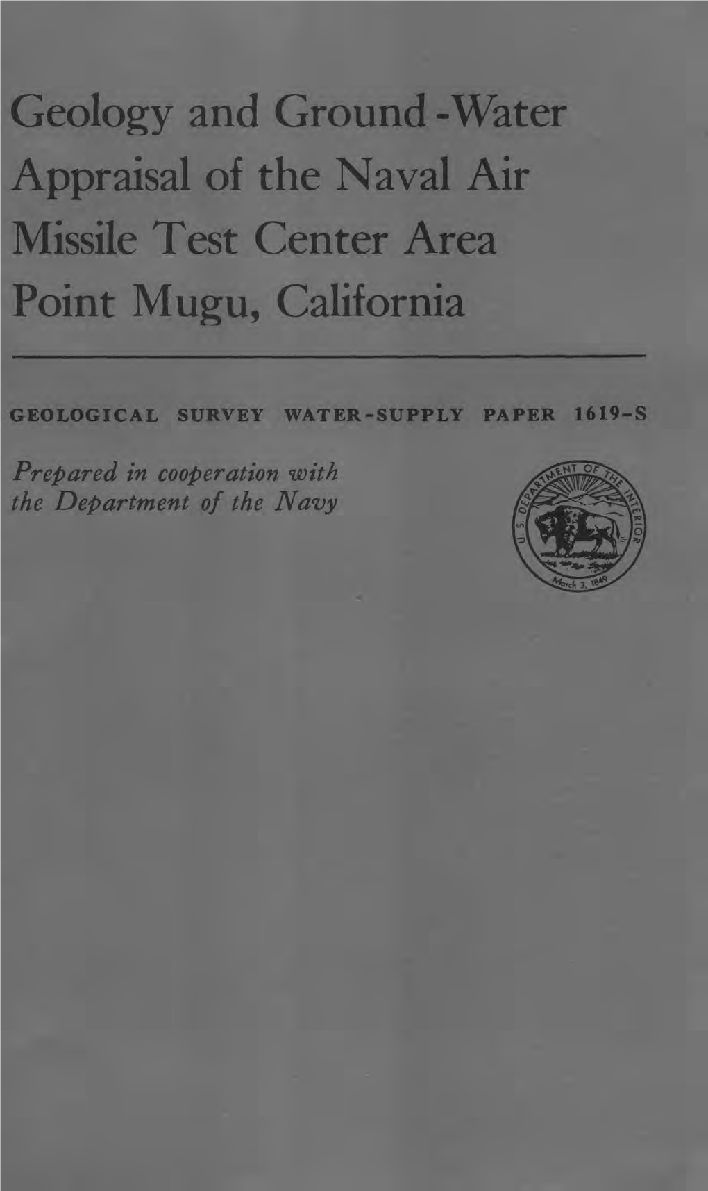 Water Appraisal of the Naval Air Missile Test Center Area Point Mugu, California