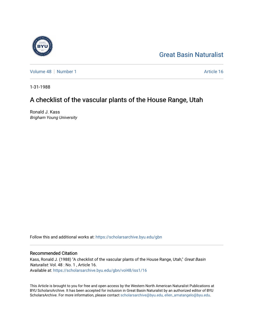 A Checklist of the Vascular Plants of the House Range, Utah