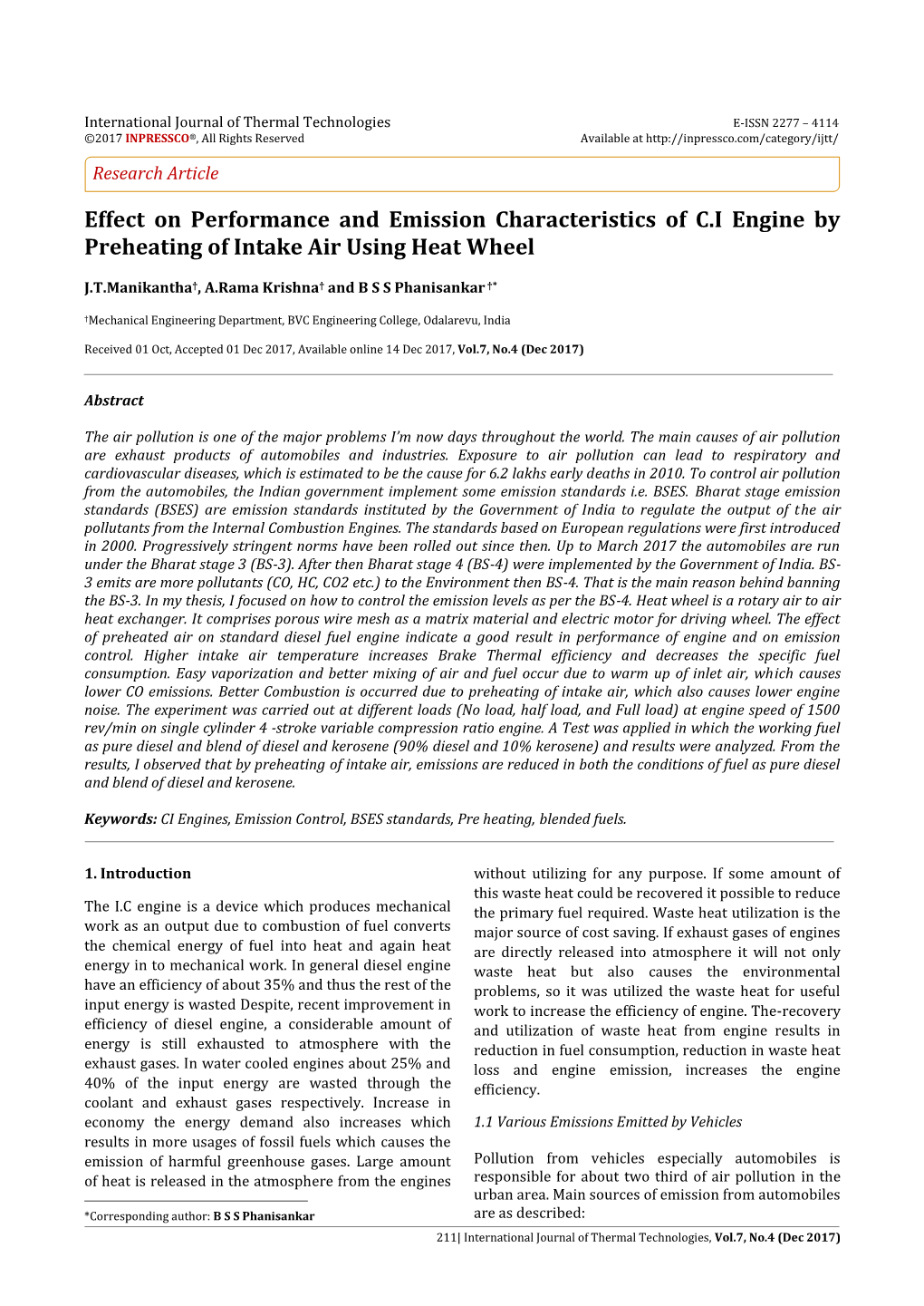 Effect on Performance and Emission Characteristics of C.I Engine by Preheating of Intake Air Using Heat Wheel