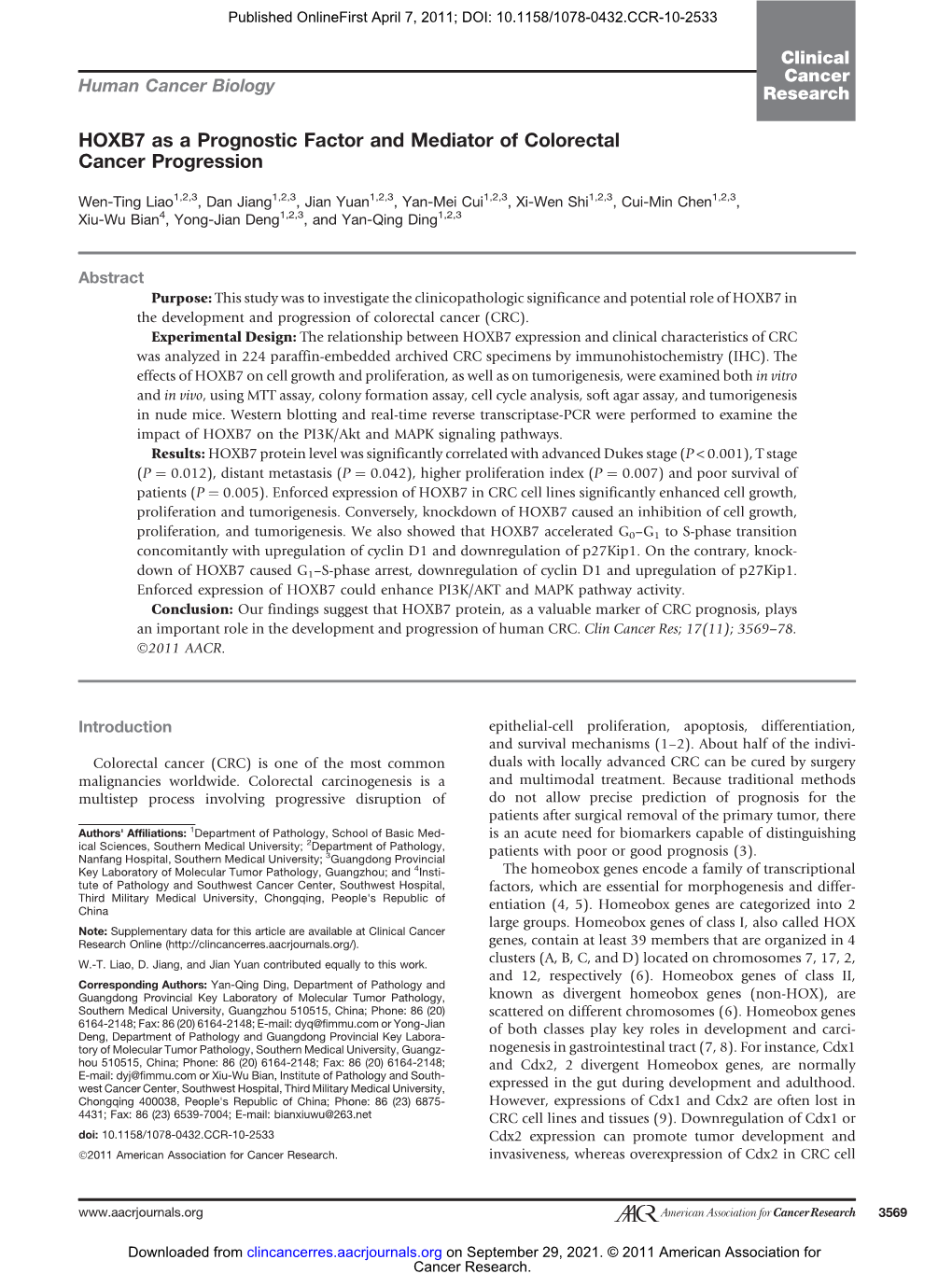 HOXB7 As a Prognostic Factor and Mediator of Colorectal Cancer Progression