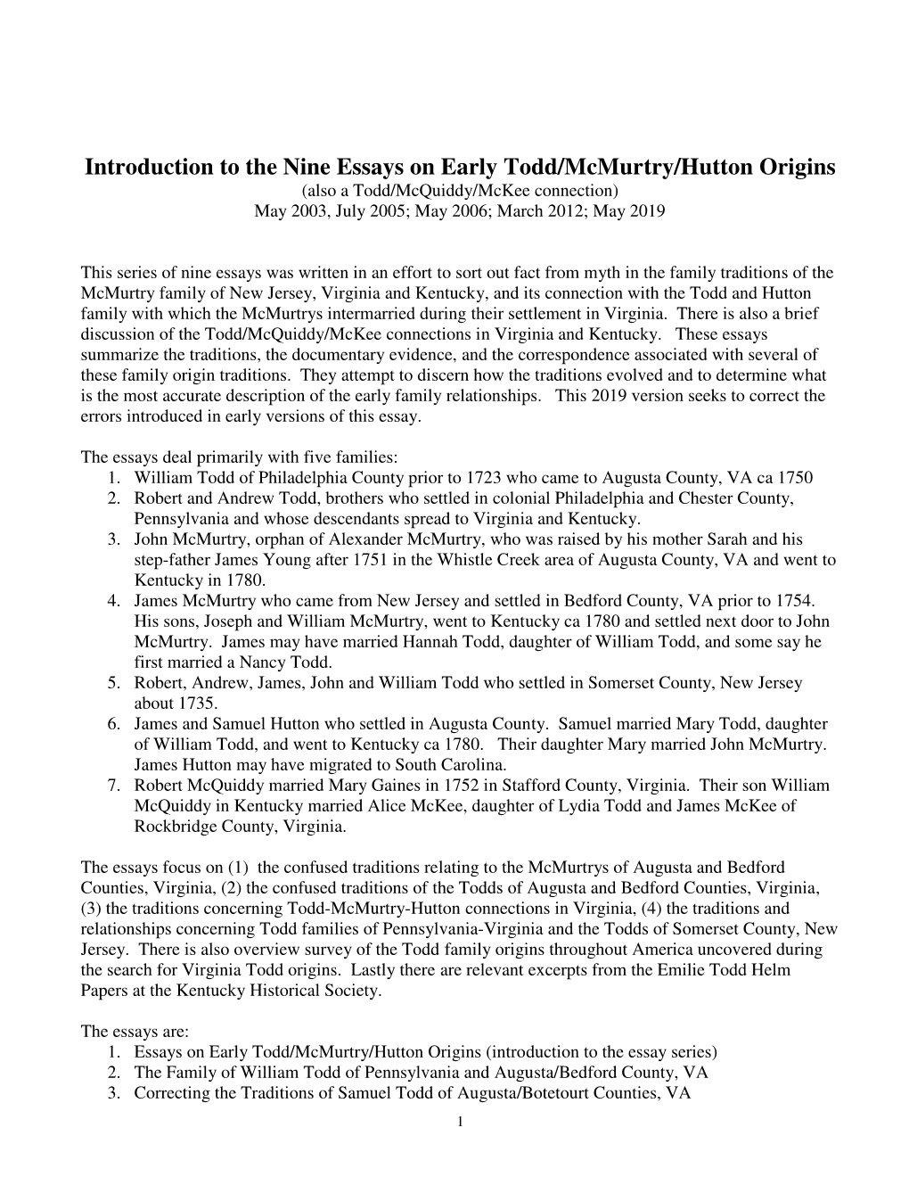 Introduction to the Nine Essays on Early Todd/Mcmurtry/Hutton Origins (Also a Todd/Mcquiddy/Mckee Connection) May 2003, July 2005; May 2006; March 2012; May 2019