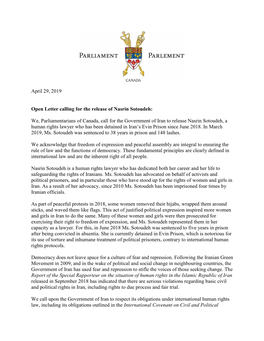 Parliamentary Caucus Open Letter