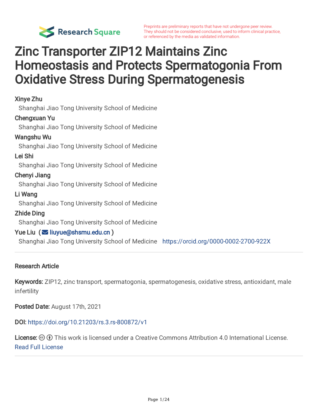 Zinc Transporter ZIP12 Maintains Zinc Homeostasis and Protects Spermatogonia from Oxidative Stress During Spermatogenesis