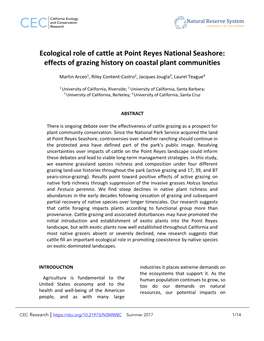 Ecological Role of Cattle at Point Reyes National Seashore: Effects of Grazing History on Coastal Plant Communities