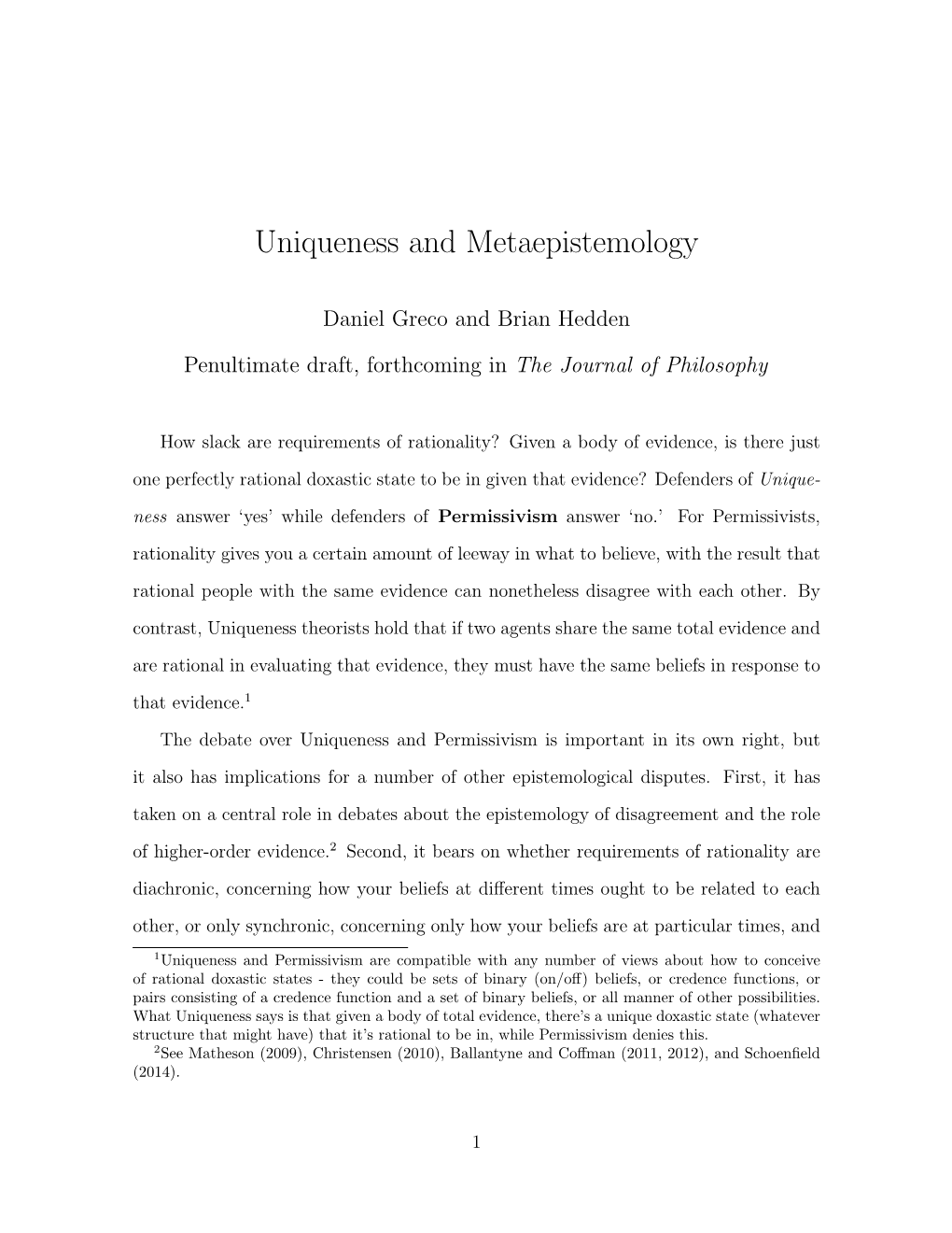 Uniqueness and Metaepistemology