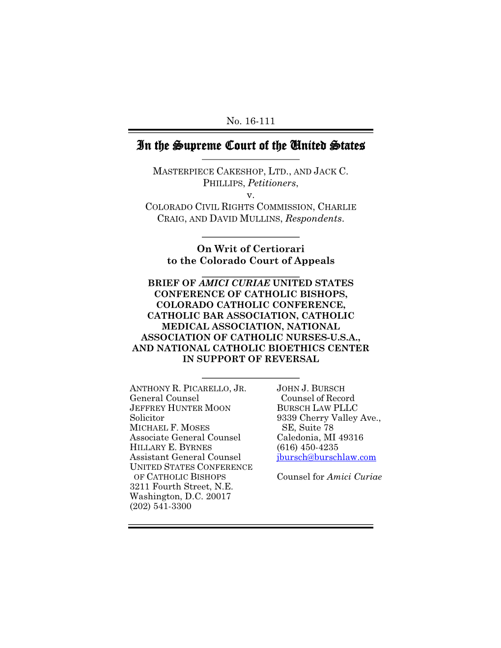 Brief Amici Curiae of United States Conference of Catholic Bishops, Et Al. Filed