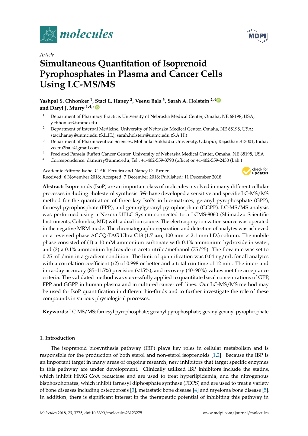 Simultaneous Quantitation of Isoprenoid Pyrophosphates in Plasma and Cancer Cells Using LC-MS/MS