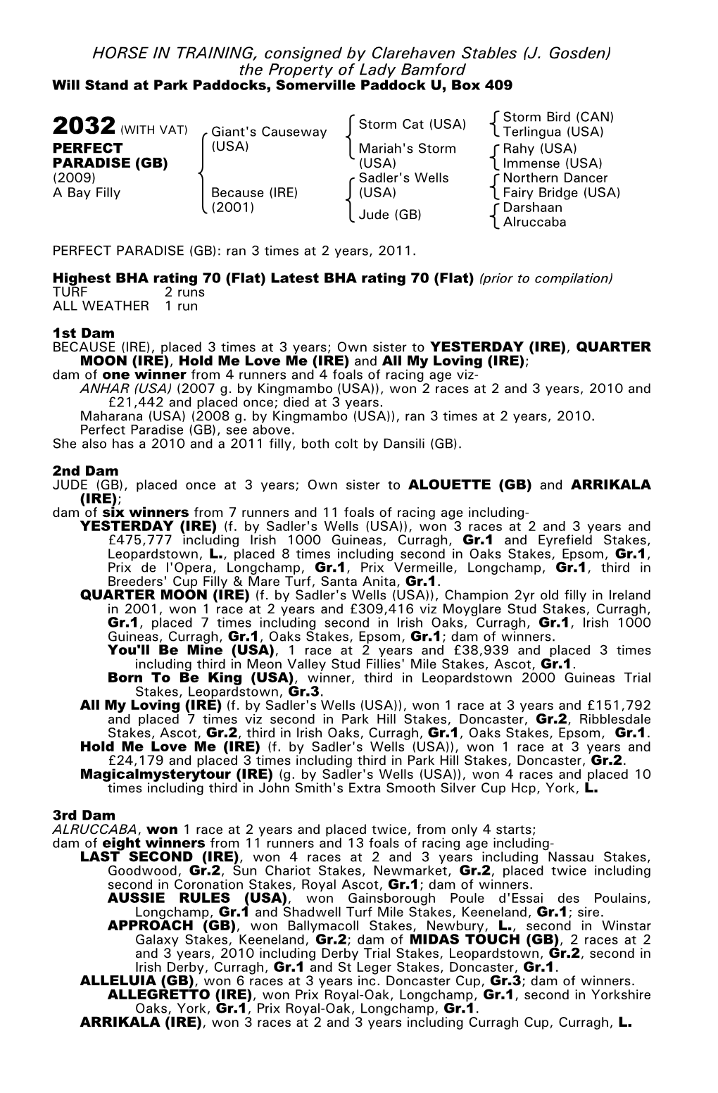 HORSE in TRAINING, Consigned by Clarehaven Stables (J. Gosden) the Property of Lady Bamford Will Stand at Park Paddocks, Somerville Paddock U, Box 409