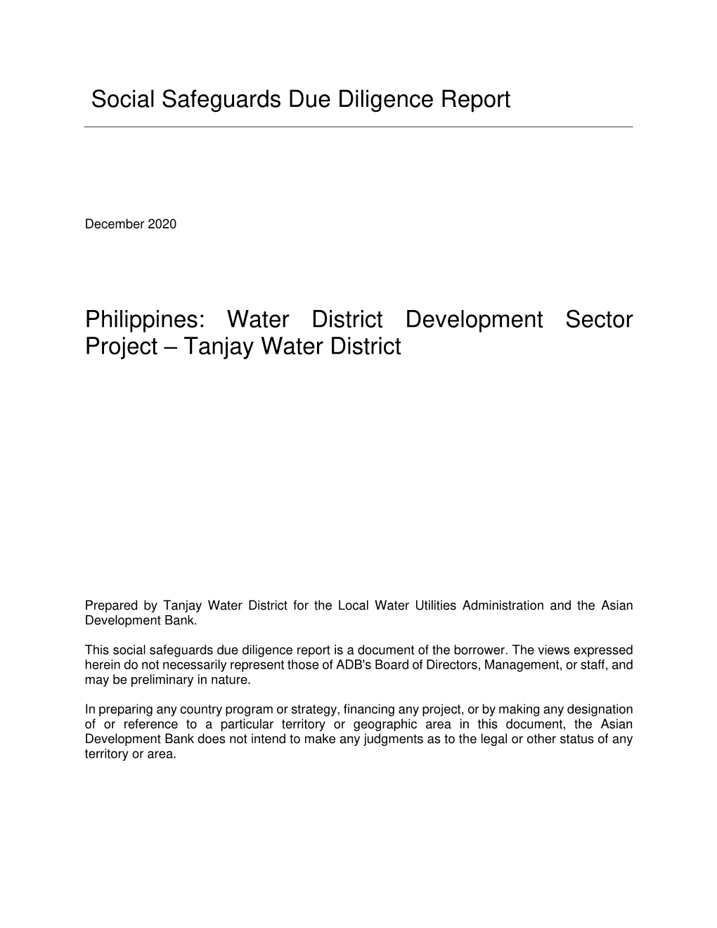 Water District Development Sector Project: Tanjay Water District