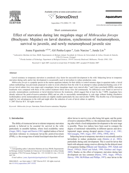 Effect of Starvation During Late Megalopa Stage of Mithraculus Forceps (Brachyura: Majidae) on Larval Duration, Synchronism of M