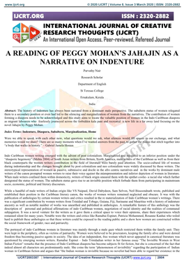 A Reading of Peggy Mohan's Jahajin As a Narrative On