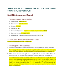 Draft Risk Assessment Report Nothobranchius Furzeri (Turquoise