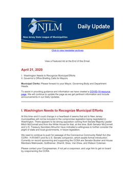 April 21, 2020 I. Washington Needs to Recognize Municipal Efforts