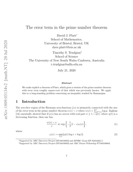 [Math.NT] 20 Jul 2020 the Error Term in the Prime Number Theorem