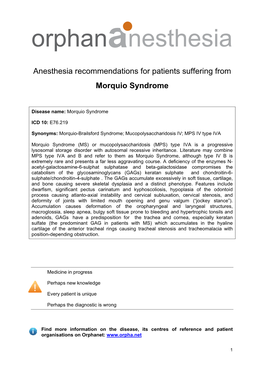 Anesthesia Recommendations for Patients Suffering from Morquio Syndrome