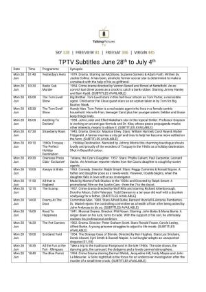TPTV Subtitles June 28Th to July 4Th Date Time Programme Synopsis Mon 28 01:40 Yesterday's Hero 1979