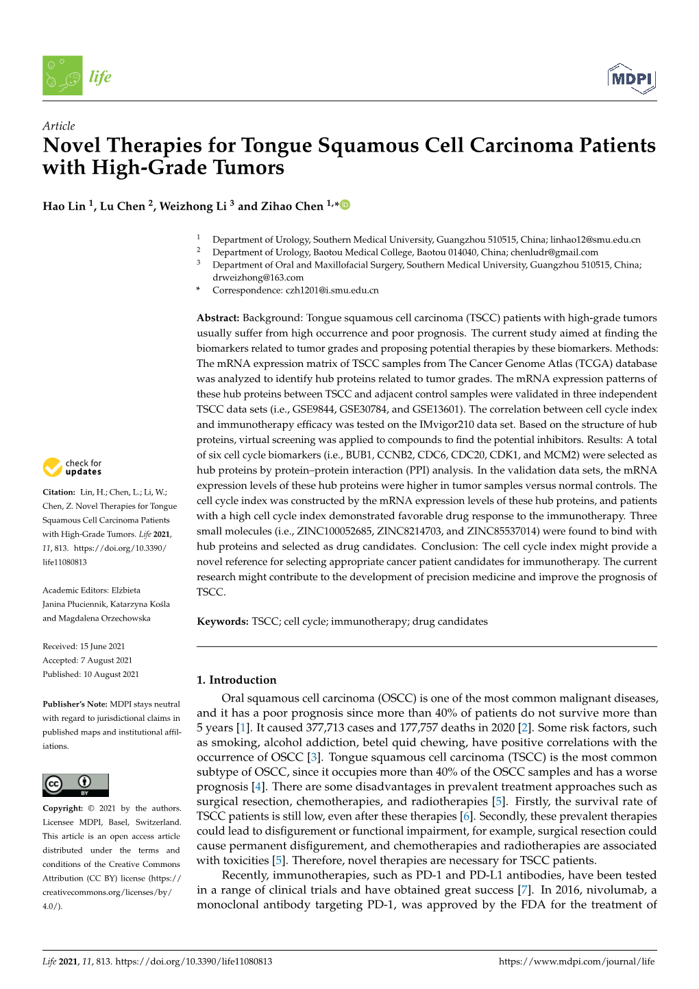 Novel Therapies for Tongue Squamous Cell Carcinoma Patients with High-Grade Tumors