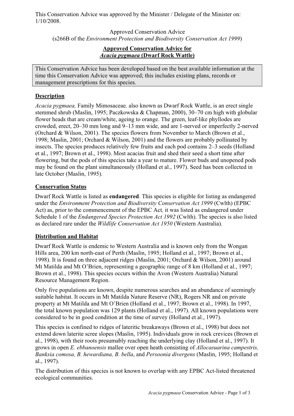 Approved Conservation Advice for Acacia Pygmaea (Dwarf Rock Wattle)