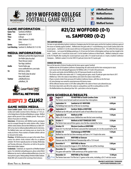 2019 Wofford College Football Game Notes