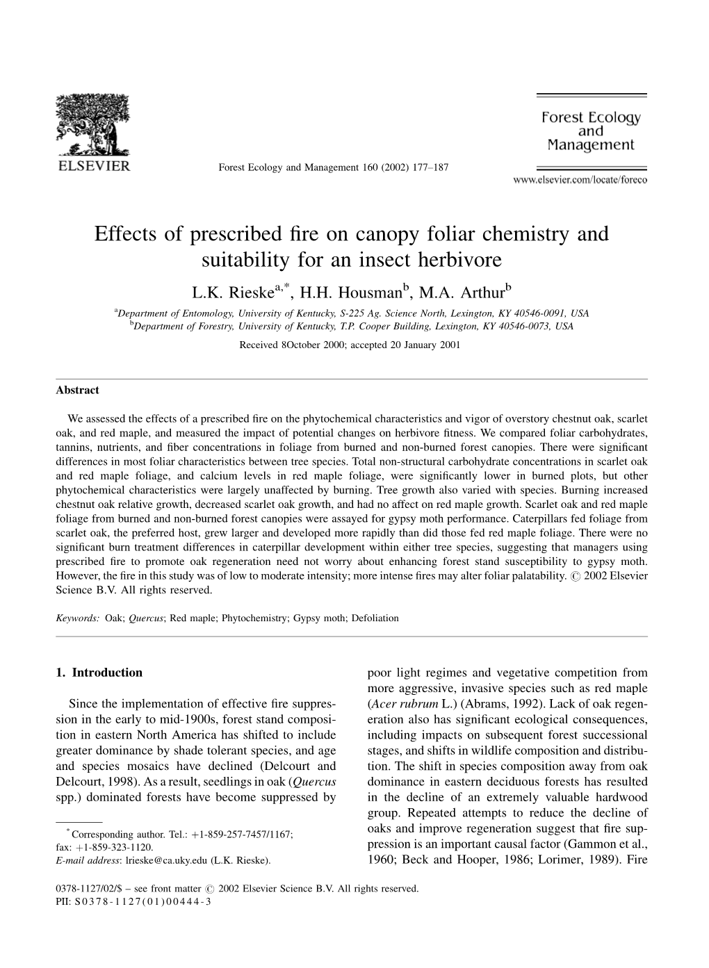 Effects of Prescribed Fire on Canopy Foliar Chemistry and Suitability for An