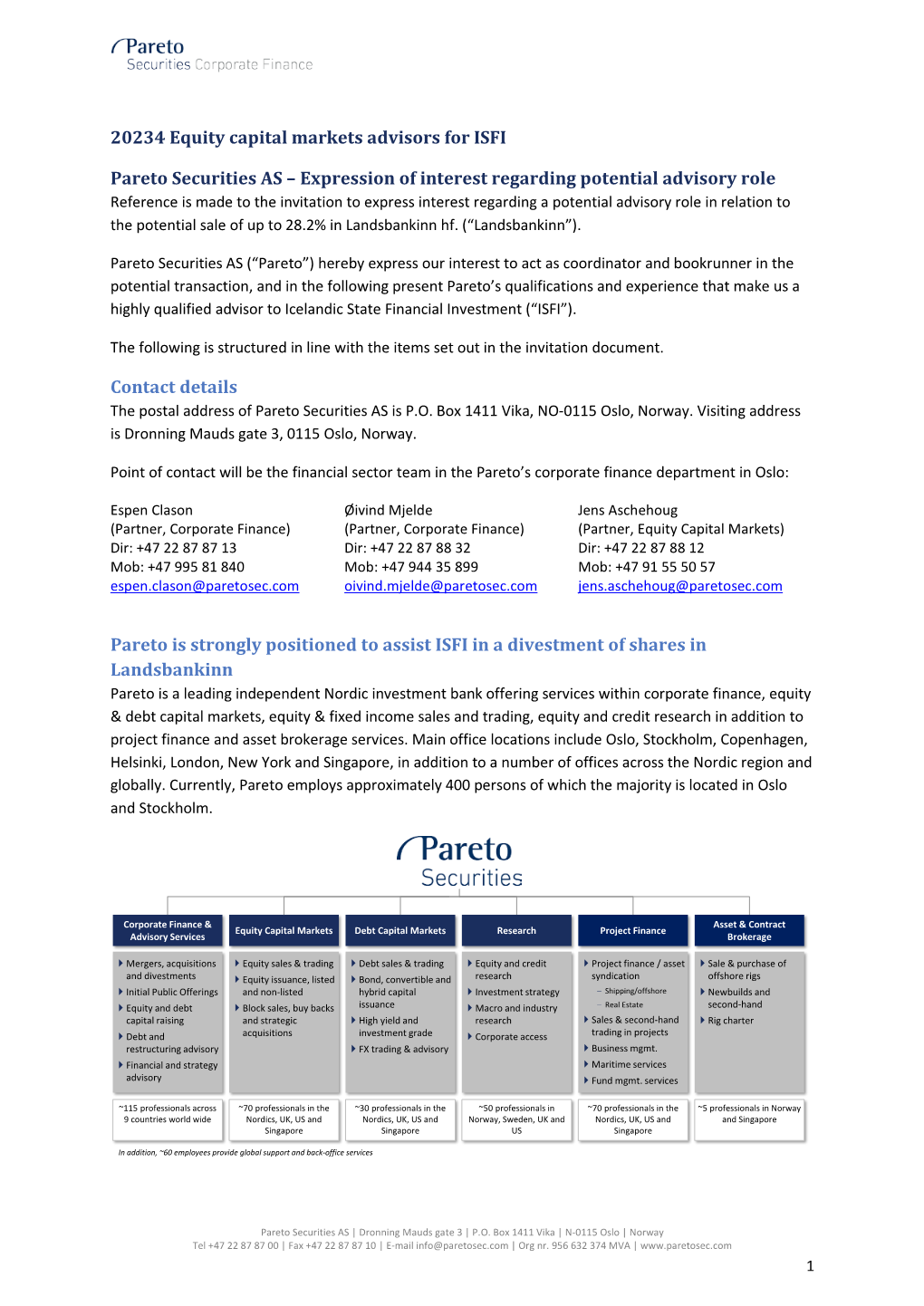 20234 Equity Capital Markets Advisors for ISFI Pareto Securities AS