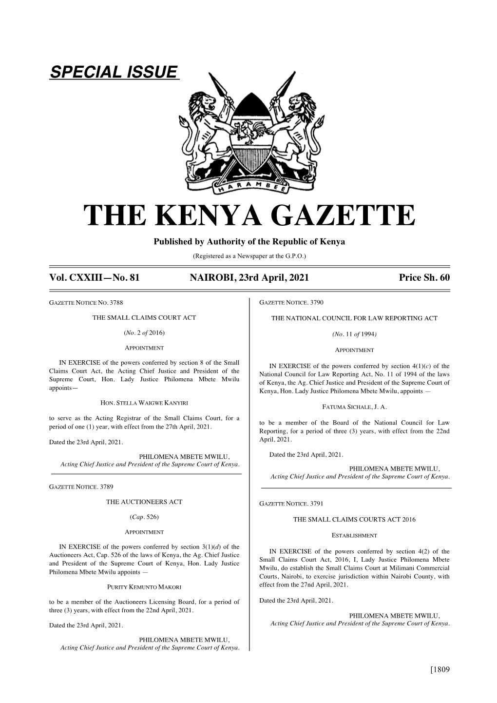 THE KENYA GAZETTE Published by Authority of the Republic of Kenya (Registered As a Newspaper at the G.P.O.)