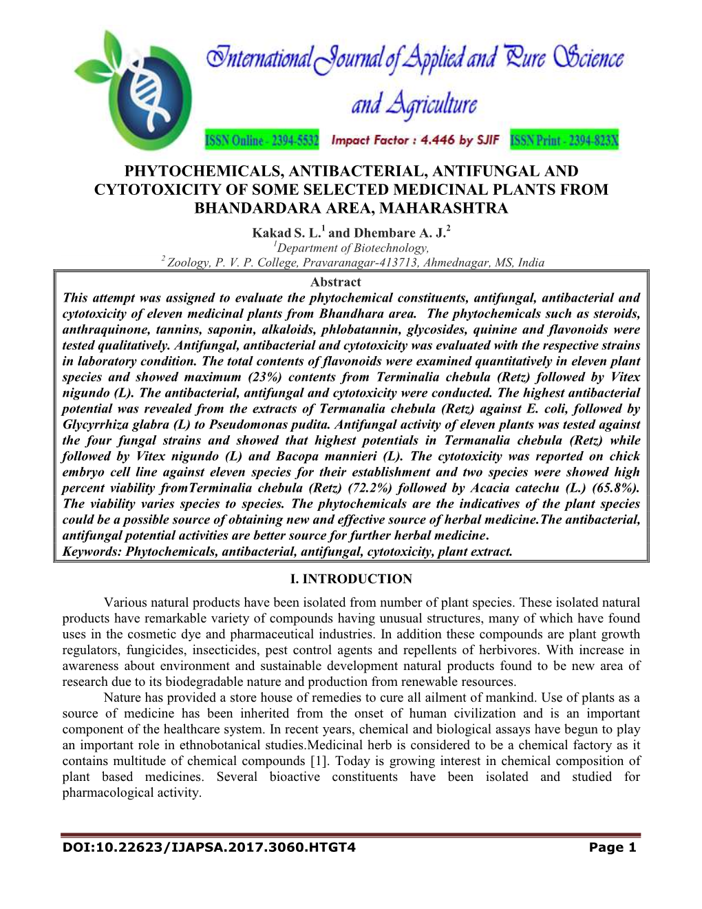 Phytochemicals, Antibacterial, Antifungal and Cytotoxicity of Some Selected Medicinal Plants from Bhandardara Area, Maharashtra