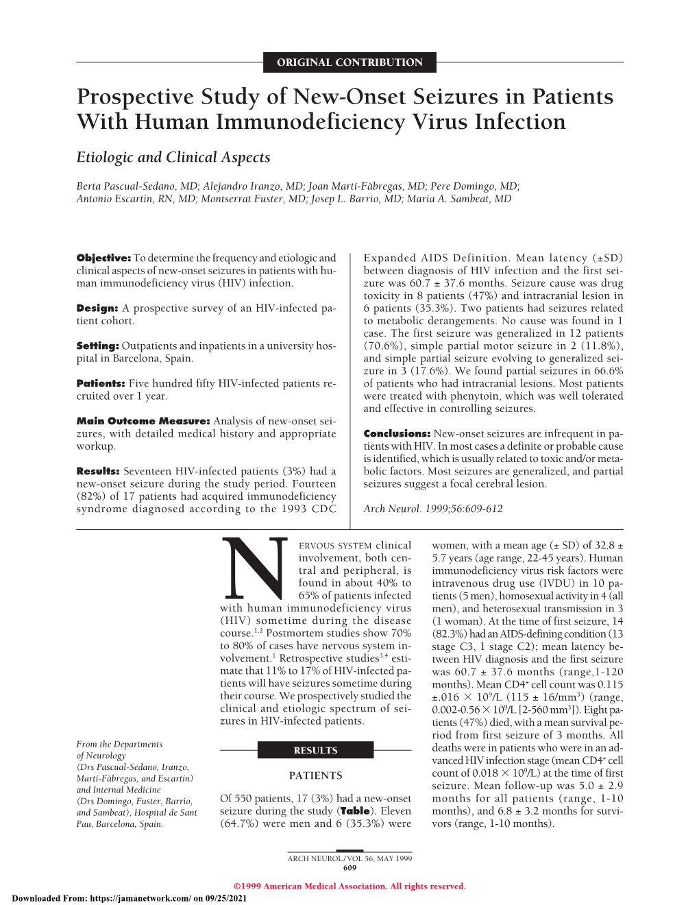 Prospective Study of New-Onset Seizures in Patients with Human Immunodeficiency Virus Infection Etiologic and Clinical Aspects