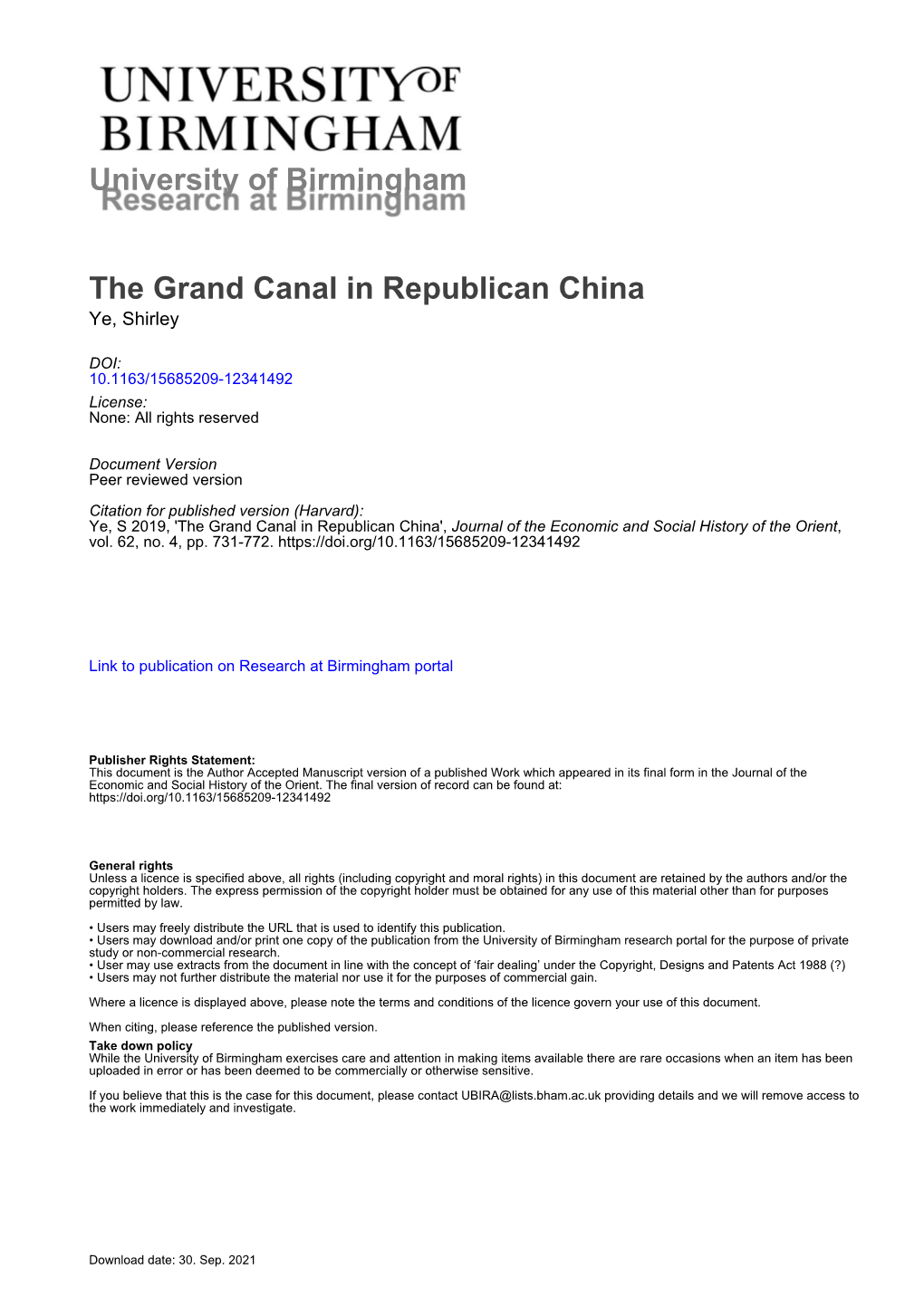 University of Birmingham the Grand Canal in Republican China