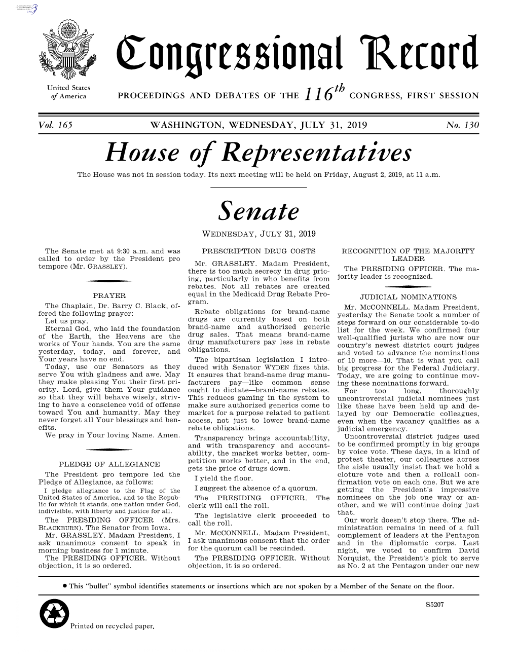 Congressional Record United States Th of America PROCEEDINGS and DEBATES of the 116 CONGRESS, FIRST SESSION