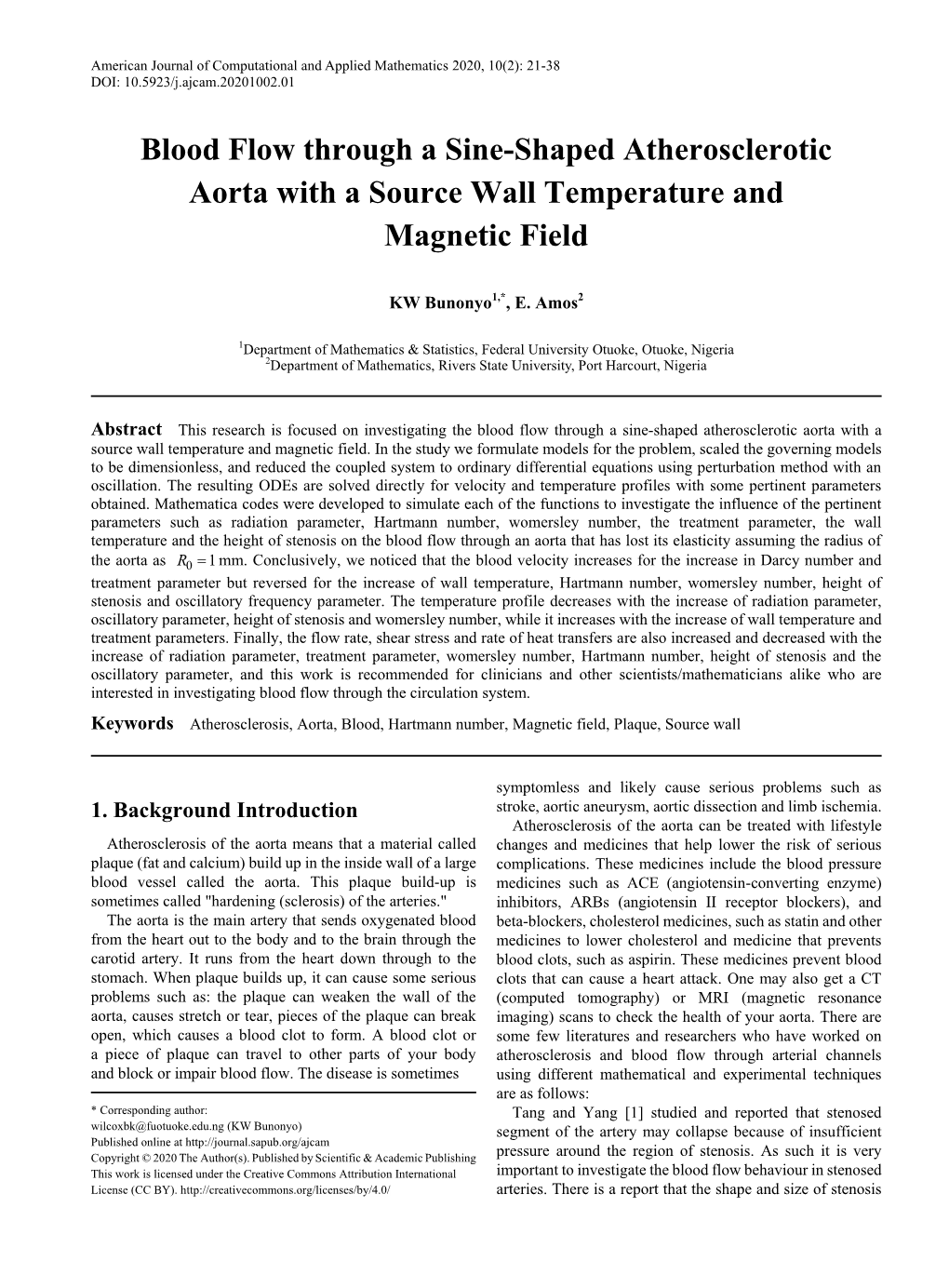 Atherosclerosis, Aorta, Blood, Hartmann Number, Magnetic Field, Plaque, Source Wall